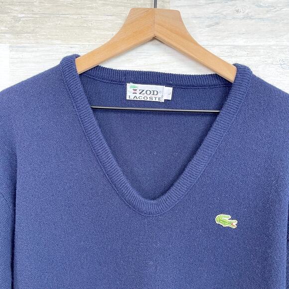 IZOD Lacoste Vintage Orlon Acrylic Sweater Navy Blue V Neck Grandpa Mens Large - Picture 2 of 7
